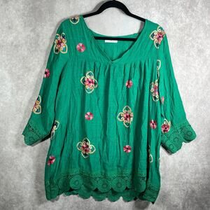 Kindred Top Womens 2X Green Floral‎ Crochet Trim 3/4 Sleeve V-Neck Boho Casual